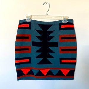 Rachel Roy fitted mini skirt; size L (large); color - blue, orange and black.